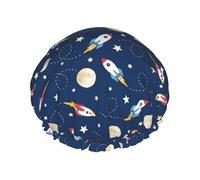 Waterproof Reusable Rocket In Space Print Shower Cap,Double Layer Elastic Bath Cap,Large Shower Bonnet For Women Long Hair