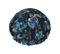 Waterproof Reusable Sea Turtle Print Shower Cap,Double Layer Elastic Bath Cap,Large Shower Bonnet For Women Long Hair