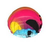Waterproof Reusable Sunset Palm Tree Print Shower Cap,Double Layer Elastic Bath Cap,Large Shower Bonnet For Women Long Hair