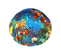 Waterproof Reusable The Underwater World Tropical Fish Print Shower Cap,Double Layer Elastic Bath Cap,Large Shower Bonnet For Women Long Hair