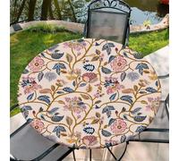 Waterproof Round Tablecloth with Elastic Edge, Boho Floral Vine Pattern Table Protector for Indoor Outdoor Use, Kitchen Dining Room Party 36"(80-90cm)