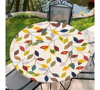 Waterproof Round Tablecloth with Elastic Edge, Boho Leaves Pattern Table Protector for Indoor Outdoor Use, Kitchen Dining Room Party 60" (140-150cm)