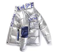 Waterproof Shiny Puffer Jacket Cropped Puffer Jacket Mens Full-Zip Down Jacket White Duck Down Lightweight Puffer Jacket Winter,Silver,XXL(75kg)