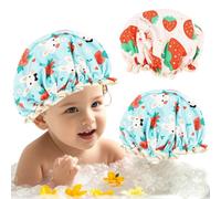 Waterproof Shower Cap for Children, Pack of 2 Waterproof Shower Caps with Double Layer for Toddlers, 23 x 23 cm Children's Shower Cap, Shower Cap with Strawberry Rabbit Pattern, Cute Rabbits