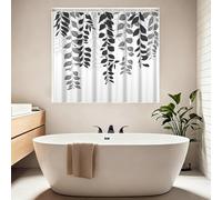 Waterproof Shower Window Curtain for Privacy, Grey and Black Eucalyptus Leaves Vine Small Short Shower Curtain with Hooks, Plants Leaf Sage Mini Bathroom Window Curtain 60x48 Inch