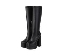 ENWIND Waterproof Stacked Platform Knee High Boots for Women Zipper Square Toe Stretch Chunky Boot,Black PU Leather,11 UK