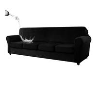 Waterproof Stretch Velvet Sofa Cover for 4-Seater Couch, Fitted Protector with 4 Cushion Covers, XL Black, Water-Repellent, Stylish Furniture Protector for Home Décor