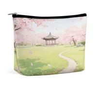 Waterproof Travel Makeup Bag Case Organizer, PU Leather A Park with Cherry Blossoms in Full Bloom Cosmetic Bags, Small Toiletry Case Cute, Portable Zipper Pouch for Women Men, Travel Accessories