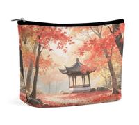Waterproof Travel Makeup Bag Case Organizer, PU Leather Ancient Pavilion in The Maple Forest Cosmetic Bags, Small Toiletry Case Cute, Portable Zipper Pouch for Women Men, Travel Accessories