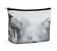 Waterproof Travel Makeup Bag Case Organizer, PU Leather Ancient Town in The Morning Mist Cosmetic Bags, Small Toiletry Case Cute, Portable Zipper Pouch for Women Men, Travel Accessories