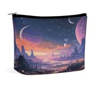 Waterproof Travel Makeup Bag Case Organizer, PU Leather Colorful Retro Space Theme Cosmetic Bags, Small Toiletry Case Cute, Portable Zipper Pouch for Women Men, Travel Accessories