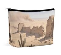 Waterproof Travel Makeup Bag Case Organizer, PU Leather Desert Ruins Cosmetic Bags, Small Toiletry Case Cute, Portable Zipper Pouch for Women Men, Travel Accessories