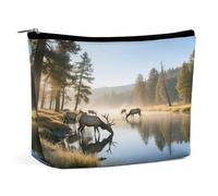 Waterproof Travel Makeup Bag Case Organizer, PU Leather Elk Drinking Water by The River Cosmetic Bags, Small Toiletry Case Cute, Portable Zipper Pouch for Women Men, Travel Accessories