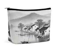 Waterproof Travel Makeup Bag Case Organizer, PU Leather Fishing Village in Jiangnan Cosmetic Bags, Small Toiletry Case Cute, Portable Zipper Pouch for Women Men, Travel Accessories