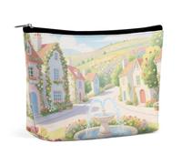 Waterproof Travel Makeup Bag Case Organizer, PU Leather Flower Sea Town Cosmetic Bags, Small Toiletry Case Cute, Portable Zipper Pouch for Women Men, Travel Accessories