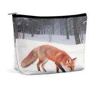 Waterproof Travel Makeup Bag Case Organizer, PU Leather Fox Foraging in The Snow Cosmetic Bags, Small Toiletry Case Cute, Portable Zipper Pouch for Women Men, Travel Accessories