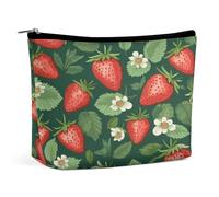 Waterproof Travel Makeup Bag Case Organizer, PU Leather Fresh Strawberries and Leaves Cosmetic Bags, Small Toiletry Case Cute, Portable Zipper Pouch for Women Men, Travel Accessories