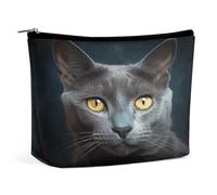 Waterproof Travel Makeup Bag Case Organizer, PU Leather Gray Cat Stares Cosmetic Bags, Small Toiletry Case Cute, Portable Zipper Pouch for Women Men, Travel Accessories
