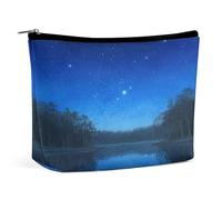 Waterproof Travel Makeup Bag Case Organizer, PU Leather Lake Under The Starry Sky Cosmetic Bags, Small Toiletry Case Cute, Portable Zipper Pouch for Women Men, Travel Accessories