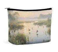 Waterproof Travel Makeup Bag Case Organizer, PU Leather Marsh Wetlands at Dawn Cosmetic Bags, Small Toiletry Case Cute, Portable Zipper Pouch for Women Men, Travel Accessories