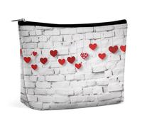 Waterproof Travel Makeup Bag Case Organizer, PU Leather Red Hearts on White Brick Wall Cosmetic Bags, Small Toiletry Case Cute, Portable Zipper Pouch for Women Men, Travel Accessories