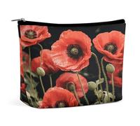 Waterproof Travel Makeup Bag Case Organizer, PU Leather Red Poppy Flowers Leaves Cosmetic Bags, Small Toiletry Case Cute, Portable Zipper Pouch for Women Men, Travel Accessories