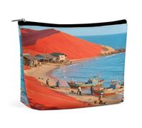 Waterproof Travel Makeup Bag Case Organizer, PU Leather Red Sand Dune Fishing Village Cosmetic Bags, Small Toiletry Case Cute, Portable Zipper Pouch for Women Men, Travel Accessories