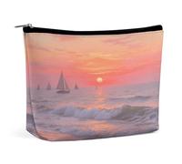 Waterproof Travel Makeup Bag Case Organizer, PU Leather Sunrise on The Seaside Cosmetic Bags, Small Toiletry Case Cute, Portable Zipper Pouch for Women Men, Travel Accessories