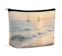 Waterproof Travel Makeup Bag Case Organizer, PU Leather Sunset on The Beach Cosmetic Bags, Small Toiletry Case Cute, Portable Zipper Pouch for Women Men, Travel Accessories