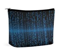 Waterproof Travel Makeup Bag Case Organizer, PU Leather The Blue Binary Matrix Cosmetic Bags, Small Toiletry Case Cute, Portable Zipper Pouch for Women Men, Travel Accessories