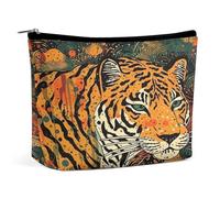 Waterproof Travel Makeup Bag Case Organizer, PU Leather Tiger Botanical Print Cosmetic Bags, Small Toiletry Case Cute, Portable Zipper Pouch for Women Men, Travel Accessories