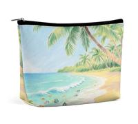 Waterproof Travel Makeup Bag Case Organizer, PU Leather Tropical Seashore Cosmetic Bags, Small Toiletry Case Cute, Portable Zipper Pouch for Women Men, Travel Accessories