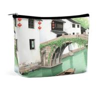 Waterproof Travel Makeup Bag Case Organizer, PU Leather Water Town Arch Bridge Cosmetic Bags, Small Toiletry Case Cute, Portable Zipper Pouch for Women Men, Travel Accessories