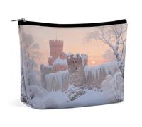 Waterproof Travel Makeup Bag Case Organizer, PU Leather Winter Snow Castle Cosmetic Bags, Small Toiletry Case Cute, Portable Zipper Pouch for Women Men, Travel Accessories