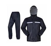 waterproof trousers plus hooded raincoat set for men, dark navy reflective rain suit with jacket and pants, outdoor wet weather gear for hiking, camping, fishing, travel or workwear