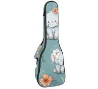 Waterproof Ukulele Case Bag, Durable 23" Ukulele Gig Bag with Storage and Handle - Cute Cartoon Baby Elephants with Flowers on Teal Background