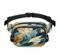 Waterproof Unisex Square Fanny Pack, Adjustable Waist Bag with Pockets, Ornate Feathers, 9 x 6.1 x 2.5 Inches