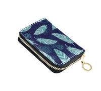 Waterproof Wallets for Women Small Card Holder Wallets RFID Blocking Tribal Green Feathers Blue Spots Travel Wallet with Zipper