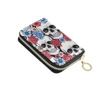 Waterproof Womens Wallets Leather RFID Blocking Credit Card Holders Skulls Red Blue Flowers Zipper Wallet with Coin Pouch
