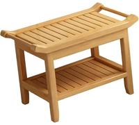 Waterproof Wooden Shower Bench Stool with Armrests | 2-Tier Storage Shelf | Portable Space Saving Bath Seat for Elderly and Disabled