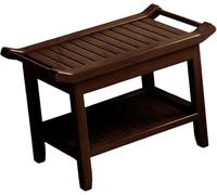 Waterproof Wooden Shower Bench Stool with Armrests Handles | 2-Tier Storage Shelf | Portable Space Saving Bath Seat for Elderly Disabled Pregnant | Indoor Outdoor Spa Hallway Bedroom