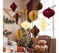 Watersay 10 Pcs Jumbo 10-14 Inch Christmas Honeycomb Paper Ornaments Hanging Xmas Honeycomb Balls Reusable Vintage Christmas Paper Lantern for Holiday Indoor Tree Party Decor(Red Brown Colors)