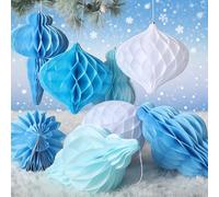 Watersay 10 Pcs Jumbo 10-14 Inch Christmas Honeycomb Paper Ornaments Hanging Xmas Honeycomb Balls Reusable Vintage Christmas Paper Lantern for Holiday Indoor Tree Party Decor (Blue Colors)