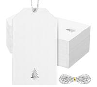 Watersay 100 Pcs Christmas Gift Tags with String, 3.5 x 2 Inch White Gift Tags with Foil Christmas Tree Design Present Wrapping Labels for Xmas Holidays New Year Presents Wrapping Decor(Silver)