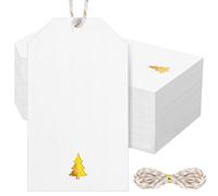 Watersay 100 Pcs Gift Tags for Christmas with String, 3.5x2 Inch White Gift Tags with Foil Christmas Tree Design Present Wrapping Labels for Xmas Holidays Presents Wrapping, Decor (Gold)