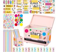 Watersay 107 Pcs Pencil Dispenser Kit for Classroom Wooden Sharp and Dull Pencil Holder 50 Pencils 50 Sharpener 5 Sticker Classroom Teacher Must Have Straw Dispenser for Back to School(Light Pink)