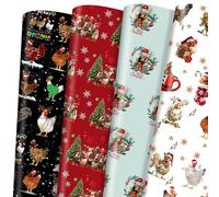 Watersay 12 Sheet Christmas Wrapping Paper Not Roll Vintage Funny Animal Gift Wrap Folded Flat for DIY Crafts Birthday Holiday Xmas Party Supplies, 20" x 28"(White, Mint Green, Black, Red,Chicken)