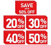 Watersay 30 Pack Percent off Signs of up to 50% Percent off Sign Bundle Pack, 7" x 11": 20%, 30%, 40% & 50%, 6 Each, with Eye Catching White Text on Red Background for Retail Store