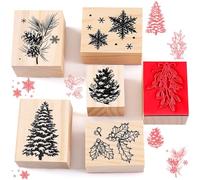 Watersay 6 Pcs Christmas Rubber Stamp Set Merry Christmas Wooden Rubber Stamp Snow Tree Stamps Vintage Wooden Rubber Art Stamps for Crafting and DIY Scrapbooking Card Making Hand Book(Pattern)