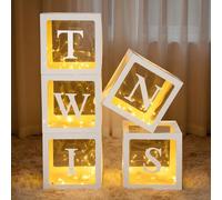 Watersay Twins Baby Shower Decorations Baby Boxes with 5 Warm LED String Lights White Twins Letters for Balloon Boxes Gender Reveal Birthday Party Favors